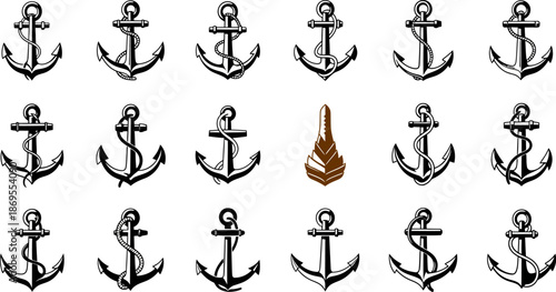 Collection of maritime anchors in various traditional and stylized designs isolated on transparent background for nautical concepts