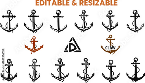 Set of editable and resizable anchor illustrations with text design elements for maritime branding and nautical themes