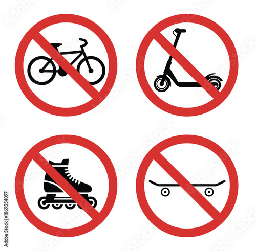 No bikes skates scooters and skateboards allowed sign, prohibition symbol vector illustration isolated on transparent background for public areas, safety rules, parks, 