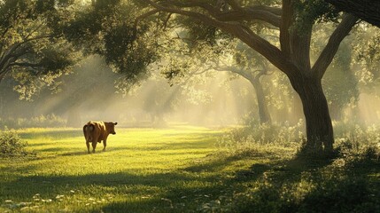 Peaceful cow in a sunlit meadow beneath ancient trees.  Golden light filters through the canopy, creating a serene, natural scene