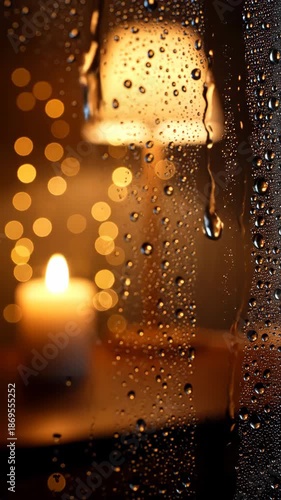 Vertical seamless loop of raindrops on window glass. Warm blurred interior with candle light and lamp bokeh. Perfect for cozy lo-fi backgrounds, meditation, and relaxation mobile content.
