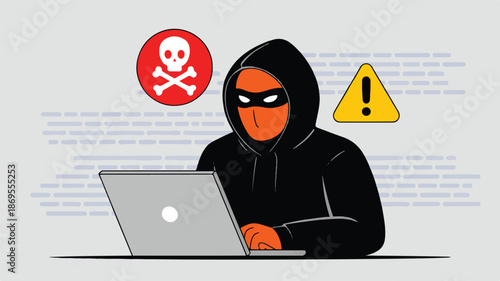 A flat design illustration of a hacker in a black hoodie and black mask working on a silver laptop (1)_traced