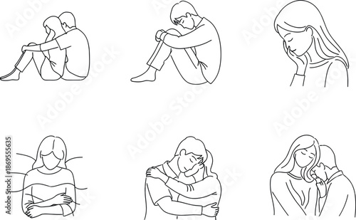 A collection of illustrations depicting various emotional states, from loneliness to comfort and support