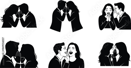 A collection of illustrations depicting people whispering secrets and sharing gossip