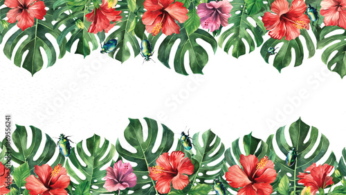 Bright Tropical Watercolor Border with Exotic Hibiscus Flowers and Colorful Beetles