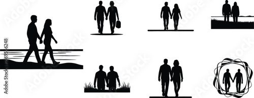 A collection of black silhouettes featuring couples walking and holding hands in various settings
