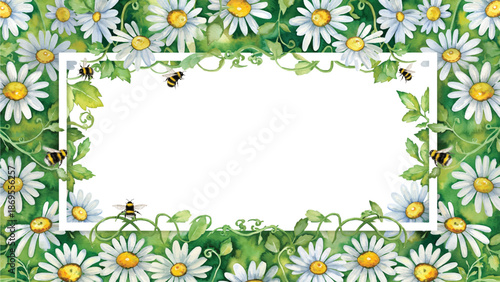 Colorful Watercolor Frame Featuring Spring Daisies and Cute Bumblebees on White Paper