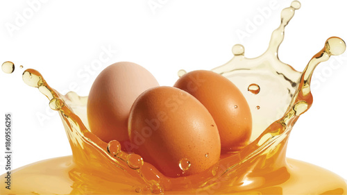 A high-contrast product photography shot of three brown eggs splashing in golden-orange liquid against a pure white background (1)_traced