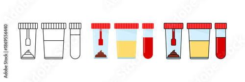 Set of icons of medical sample containers for urine, stool, and blood tests. Clean, modern design representing laboratory diagnostics and clinical testing. For healthcare, apps, diagnostics materials.