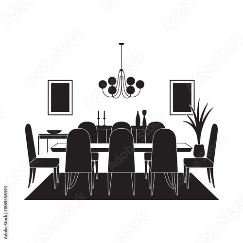 A minimalist black and white illustration of a formal dining room setting