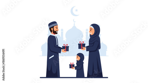A Muslim family, father mother and child, dressed in traditional attire exchange gifts in front of a mosque, celebrating an Islamic festival or special occasion.