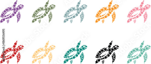 Colorful sea turtle silhouettes made of circles, Mosaic sea turtle animal set