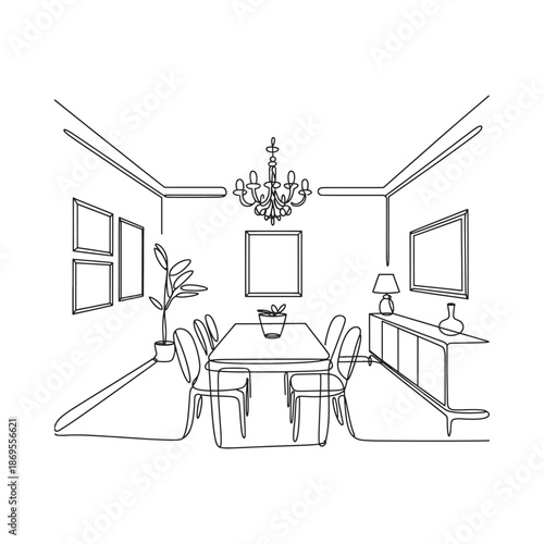 Simple line drawing of a dining room interior with a chandelier