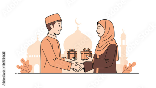 A Muslim couple in traditional clothing shakes hands and exchanges gifts in front of a mosque, symbolizing a celebration or a special event.