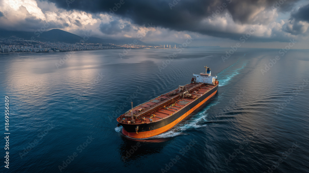 Fototapeta premium Cargo Ship Docked at Industrial Container Port Terminal During Day