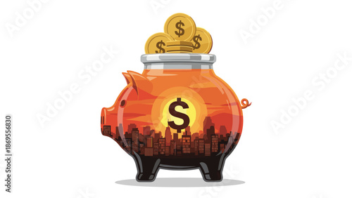 A piggy bank filled with golden coins reflects a sunset over a city skyline, representing financial growth, investment opportunities, and urban prosperity.