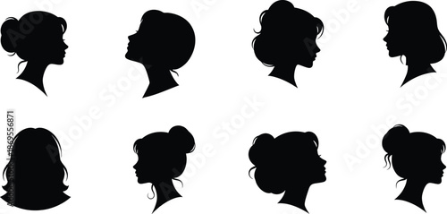 Eight silhouettes of female heads showing various hairstyles and profiles