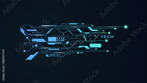 Futuristic blue neon circuit board elements with TECH text on dark background. Abstract digital connectivity and high-tech data visualization for modern innovation and cybersecurity concepts. digital 