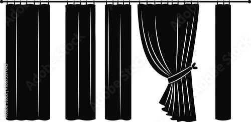 Curtain set vector illustration. Black thermal insulated blackout curtains silhouette. 
