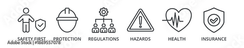 Work safety banner icon with safety first, protection, regulations, hazards, health, insurance