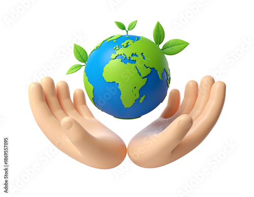 3D illustration of human hands holding Earth globe with green leaves sprouting, environmental protection and sustainability concept isolated on white