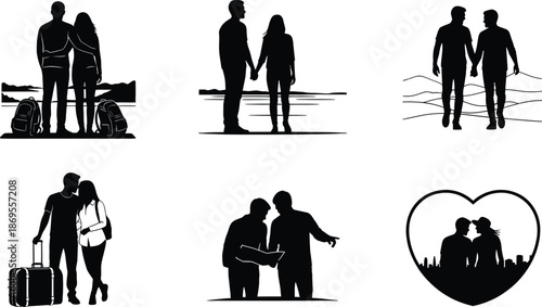 Silhouette collection featuring couples traveling and enjoying various romantic and leisure activities