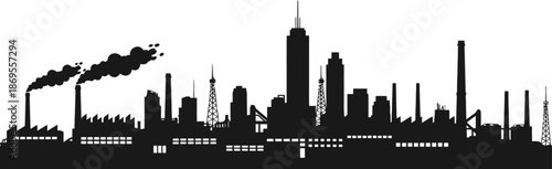 Industrial City Skyline Silhouette With Factories And Tall Buildings Black Color