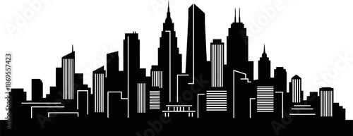 Modern City Skyline Silhouette In Solid Black Minimal Flat Design Isolated