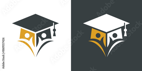 Dual meaning logo combining a human figure and graduation cap, symbolizing education, achievement, learning, and personal growth with a clean, professional identity.