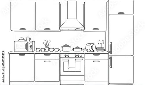 Modern kitchen interior with kitchen furniture and appliances, including cabinets, a refrigerator, an oven, a microwave, and a sink vector illustration silhouette. 