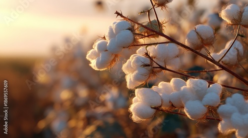 Close-up of fluffy white cotton plant bolus on branch in sunlit field at sunset. Concept of natural fiber production for textile.
