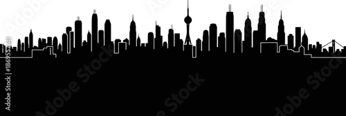 Urban City Panorama Silhouette In Black Color Continuous Skyline Composition