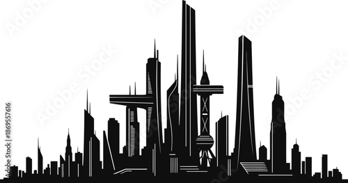 Futuristic City Skyline Silhouette Tall Towers And Modern Architecture Solid Black Shapes