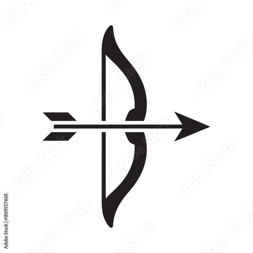 A simple black and white illustration of a classic bow and arrow design