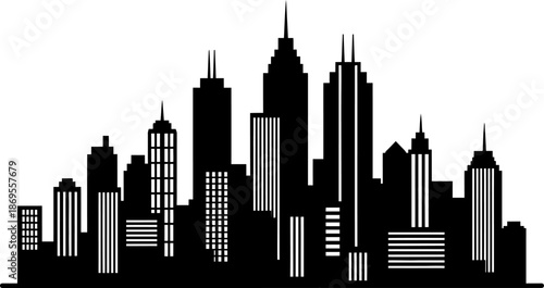Downtown Urban Skyline Silhouette Black Flat Shapes Skyscrapers And Office Buildings
