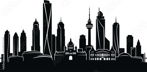 Elegant City Skyline Silhouette In Solid Black Smooth Building Contours