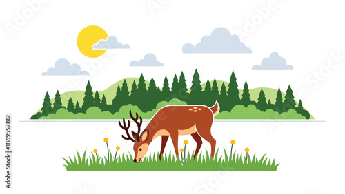 Flat vector illustration of a deer grazing in a peaceful meadow, wildlife feeding behavior in natural habitat, calm nature scene designed for education, conservation, and commercial stock use