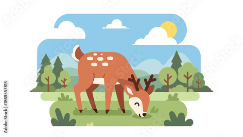 Flat vector illustration of a deer grazing in a peaceful meadow, wildlife feeding behavior in natural habitat, calm nature scene designed for education, conservation, and commercial stock use