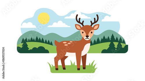 Flat vector illustration of a deer grazing in a peaceful meadow, wildlife feeding behavior in natural habitat, calm nature scene designed for education, conservation, and commercial stock use