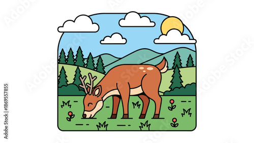 Flat vector illustration of a deer grazing in a peaceful meadow, wildlife feeding behavior in natural habitat, calm nature scene designed for education, conservation, and commercial stock use