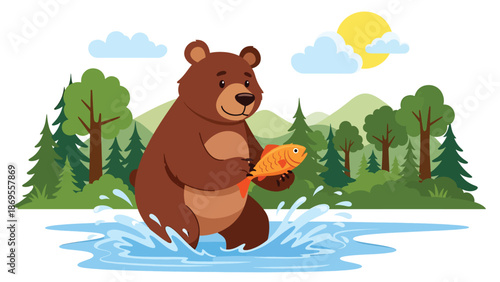 Flat vector illustration of a bear catching fish in a river, wildlife survival and feeding behavior in a forest habitat, educational nature concept for conservation and stock design