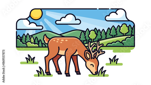 Flat vector illustration of a deer grazing in a peaceful meadow, wildlife feeding behavior in natural habitat, calm nature scene designed for education, conservation, and commercial stock use
