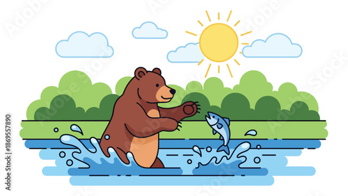 Flat vector illustration of a bear catching fish in a river, wildlife survival and feeding behavior in a forest habitat, educational nature concept for conservation and stock design