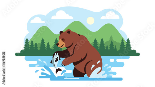 Flat vector illustration of a bear catching fish in a river, wildlife survival and feeding behavior in a forest habitat, educational nature concept for conservation and stock design