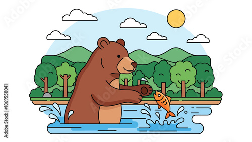 Flat vector illustration of a bear catching fish in a river, wildlife survival and feeding behavior in a forest habitat, educational nature concept for conservation and stock design