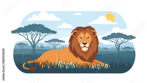 Flat vector illustration of a lion resting in savanna grass, wildlife dominance and natural behavior in African habitat, educational animal scene for conservation and stock illustration