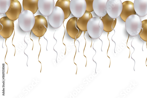 Happy birthday greeting with elegant floating gold and white balloons for celebration.