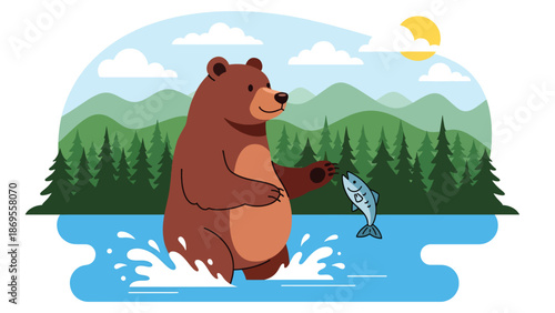 Flat vector illustration of a bear catching fish in a river, wildlife survival and feeding behavior in a forest habitat, educational nature concept for conservation and stock design