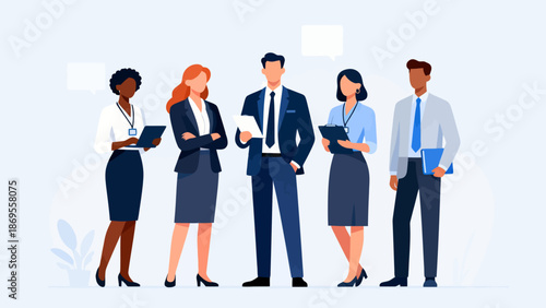 Five business professionals in office attire