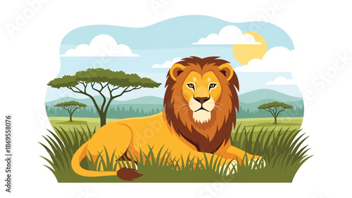 Flat vector illustration of a lion resting in savanna grass, wildlife dominance and natural behavior in African habitat, educational animal scene for conservation and stock illustration